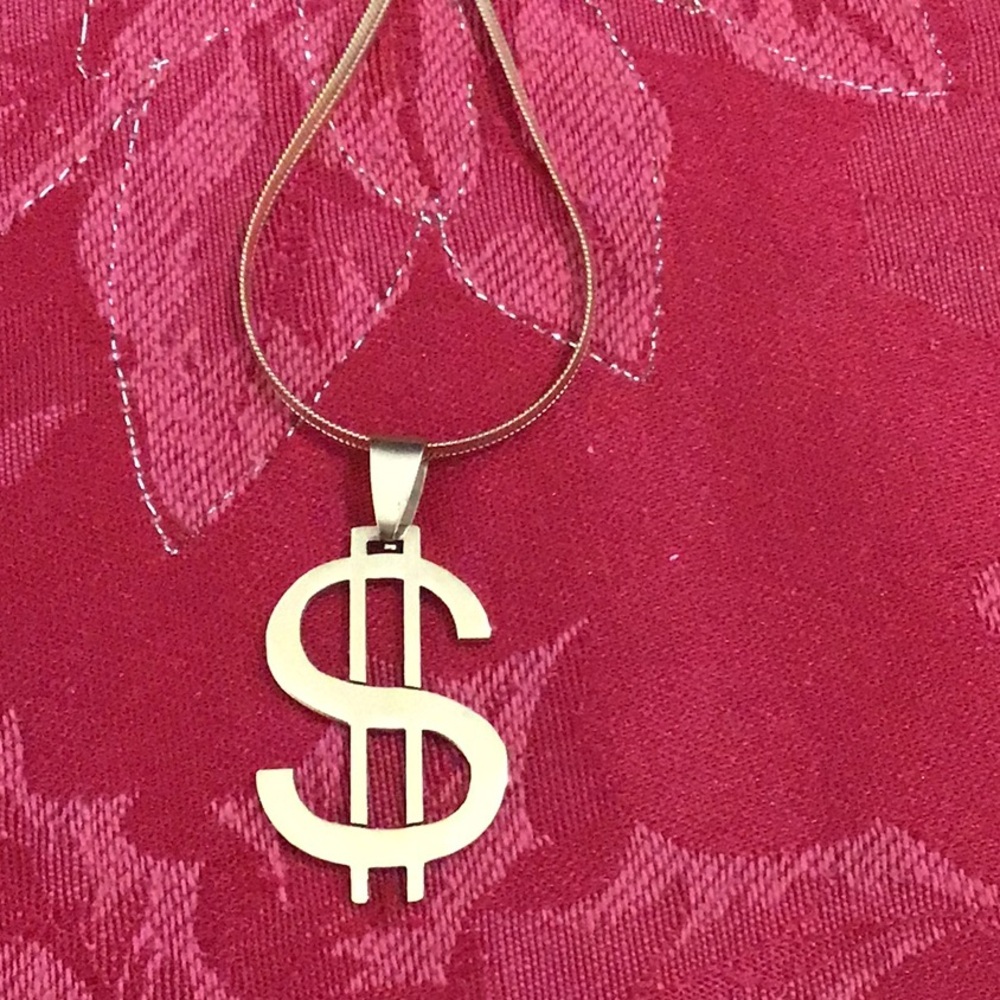 Dollar Sign Gold Plated Pendant on Gold Stainless Steel Chain. NWT